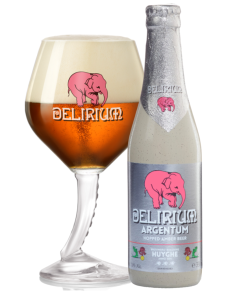 garrafa de 33cl de cerveja de marca DELIRIUM - ARGENTUM com copo, estilo Hopped Amber IPA