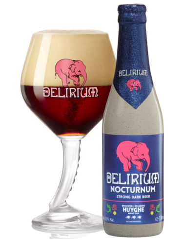 botella 33cl de cerveza de marca DELIRIUM - NOCTURNUM con copa, estilo Belgian Strong Dark Ale