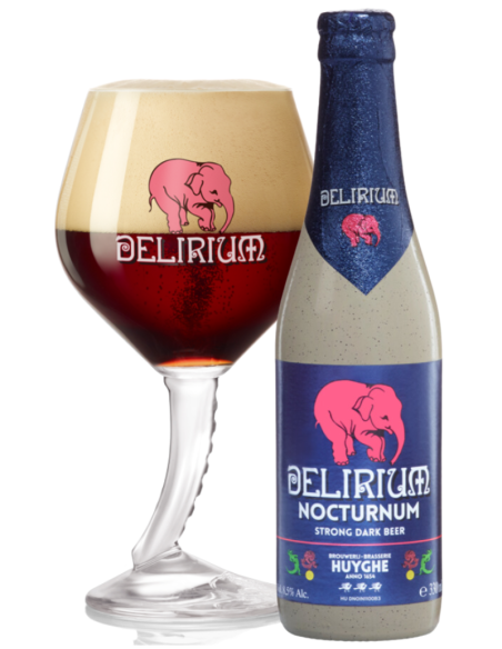 botella 33cl de cerveza de marca DELIRIUM - NOCTURNUM con copa, estilo Belgian Strong Dark Ale
