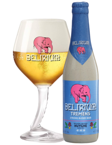33cl bottle of beer brand DELIRIUM - TREMENS with glass, Belgian Strong Pale Ale style
