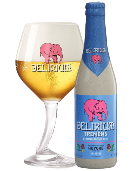 33cl bottle of beer brand DELIRIUM - TREMENS with glass, Belgian Strong Pale Ale style
