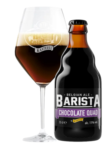 botella 33cl de cerveza de marca KASTEEL - BARISTA CHOCOLATE QUAD con copa, estilo Belgian Quadruple