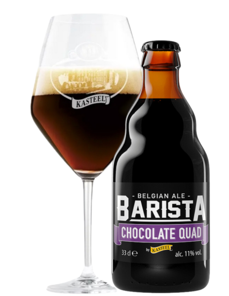 botella 33cl de cerveza de marca KASTEEL - BARISTA CHOCOLATE QUAD con copa, estilo Belgian Quadruple