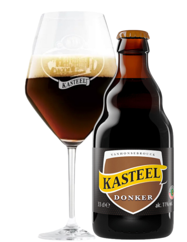 botella 33cl de cerveza de marca KASTEEL - DONKER con copa, estilo Belgian Strong Dark Ale