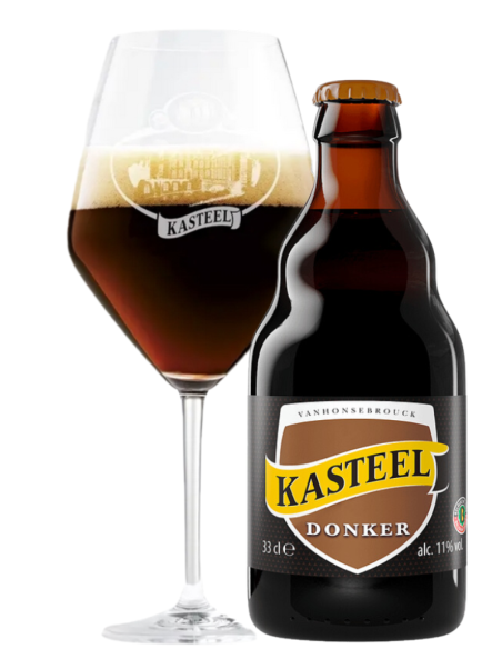 botella 33cl de cerveza de marca KASTEEL - DONKER con copa, estilo Belgian Strong Dark Ale