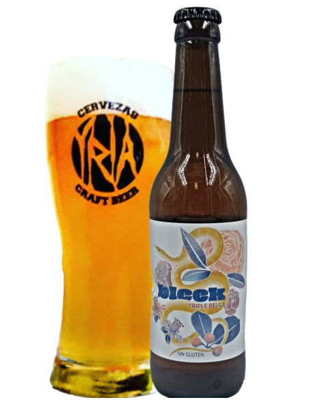 botella 33cl de cerveza de marca YRIA - BLEEK con vaso, estilo Belgian Triple (Sin Gluten)