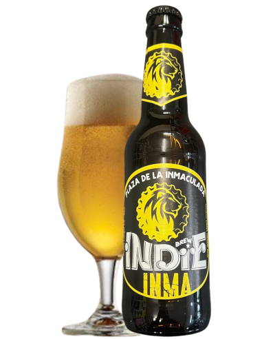botella 33cl de cerveza de marca BREW INDIE - INMACULADA con copa, estilo Lager