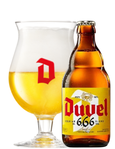botella 33cl de cerveza de marca DUVEL - 6,66 con copa, estilo Belgian Blond
