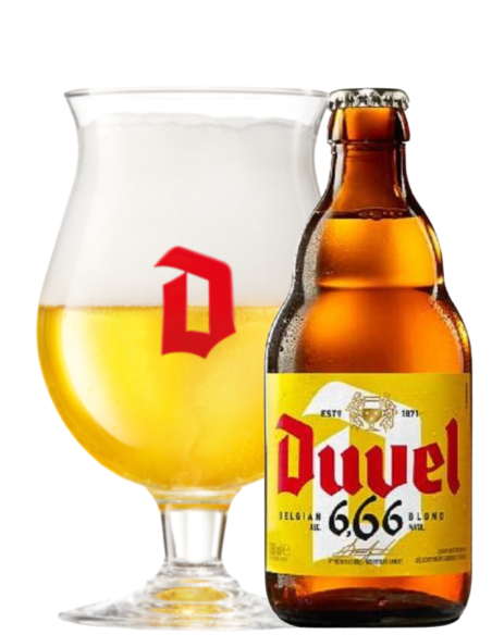 botella 33cl de cerveza de marca DUVEL - 6,66 con copa, estilo Belgian Blond