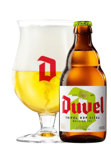 33cl bottle of beer branded DUVEL - TRIPLE HOP CITRA with glass, Belgian IPA style