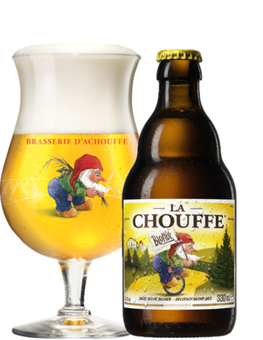 33cl bottle of beer brand CHOUFFE - LA CHOUFFE BLONDE with glass, Belgian Blond style