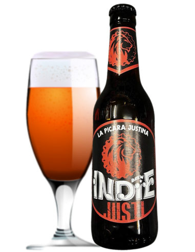 BREW INDIE garrafa de 33cl de cerveja de marca - JUSTI com copo, estilo Red Ale