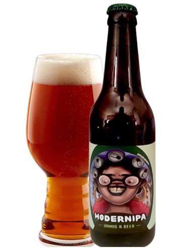 garrafa de 33cl de cerveja da marca VAMOS A BEER - MODERNIPA com copo, estilo ipa