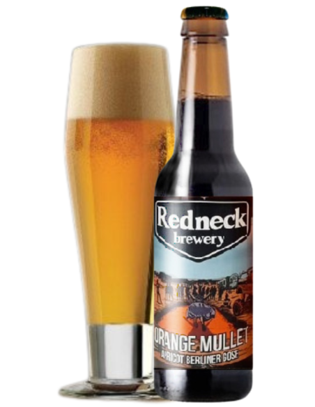 garrafa de 33cl de cerveja da marca REDNECK - ORANGE MULLET com copo, estilo Apricot Berliner Gose