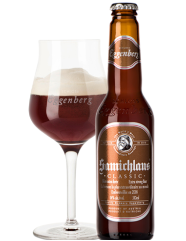 botella 33cl de cerveza de marca SAMICHLAUS - CLASSIC con copa, estilo Doppelbock
