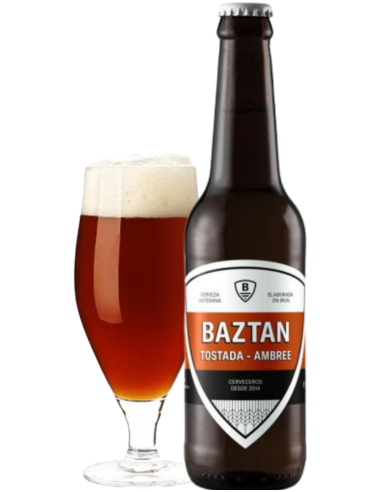 botella 33cl de cerveza de marca BIDASSOA - BAZTAN con copa, estilo European Amber Lager