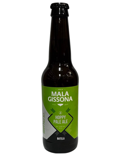 garrafa de 33cl de cerveja da marca MALA GRISSONA - BATELA, estilo Hoppy Pale Ale (sem glúten)