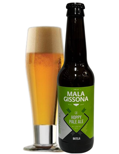 garrafa de 33cl de cerveja da marca MALA GRISSONA - BATELA com copo, estilo Hoppy Pale Ale (sem glúten)