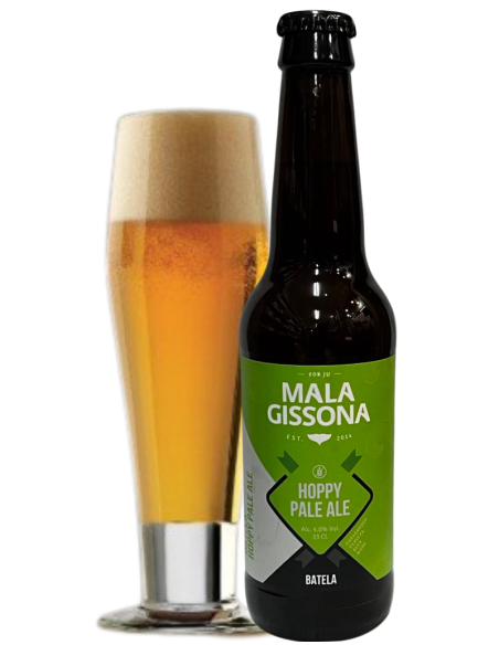 garrafa de 33cl de cerveja da marca MALA GRISSONA - BATELA com copo, estilo Hoppy Pale Ale (sem glúten)