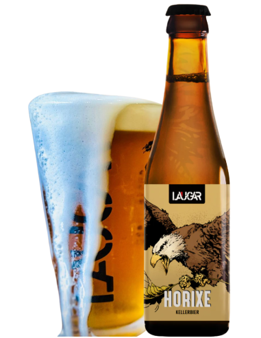 botella 33cl de cerveza de marca LAUGAR - HORIXE con vaso, estilo Kellerbier
