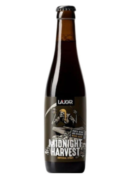 garrafa de 33cl de cerveja da marca LAUGAR - MIDNIGHT HARVEST, estilo Imperial Stout