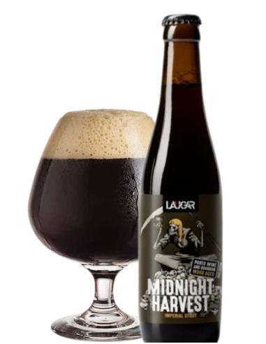 garrafa de 33cl de cerveja da marca LAUGAR - MIDNIGHT HARVEST, estilo Imperial Stout