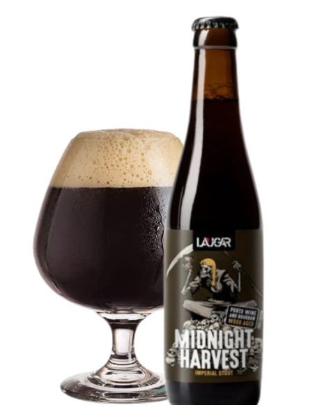 garrafa de 33cl de cerveja da marca LAUGAR - MIDNIGHT HARVEST, estilo Imperial Stout