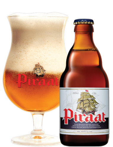 garrafa de 33cl de cerveja da marca PIRAAT - CLASSIC 1784 com copo, estilo Belgian Strong Pale Ale