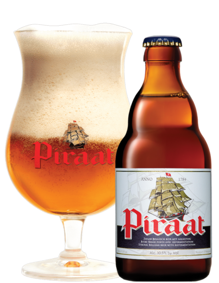 garrafa de 33cl de cerveja da marca PIRAAT - CLASSIC 1784 com copo, estilo Belgian Strong Pale Ale