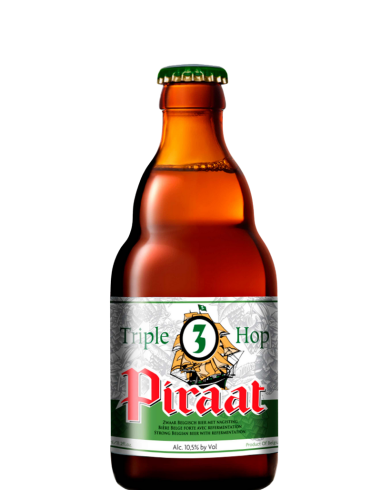 garrafa de 33cl de cerveja da marca PIRAAT - TRIPLE 3 HOP, estilo Belgian IPA