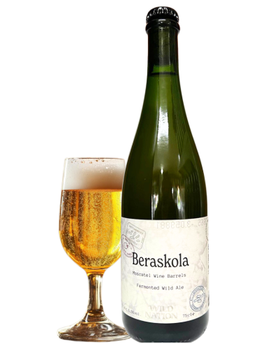 75cl bottle of WILD NATION - BERASCOLA brand beer with glass, Muscatel Wine Barrels Fermented Wild Ale style
