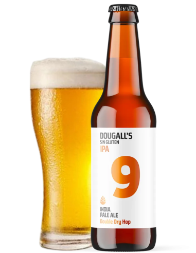 botella 33cl de cerveza de marca DOUGALL'S - IPA 9 con vaso, estilo Hazy West Coast IPA (Sin Gluten)