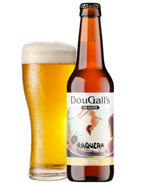 garrafa de 33cl de cerveja da marca DOUGALL'S - RAQUERA com copo, estilo Pilsner