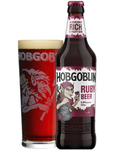 garrafa de 50cl de cerveja da marca MARSTON'S - HOBGOBLIN com copo, estilo Ruby Beer