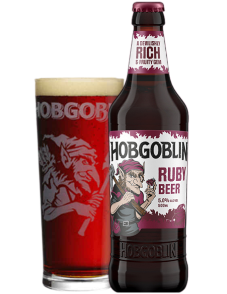 garrafa de 50cl de cerveja da marca MARSTON'S - HOBGOBLIN com copo, estilo Ruby Beer