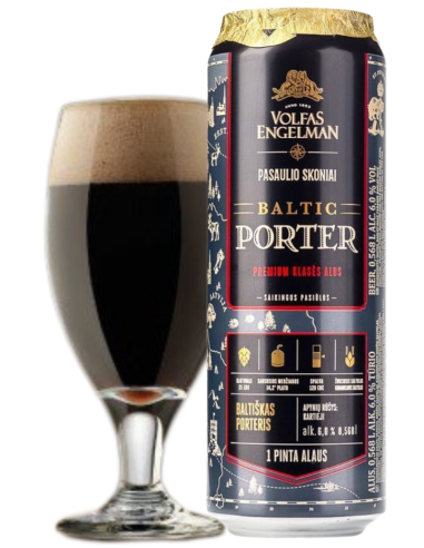lata de 57cl de cerveja da marca VOLFAS ENGELMAN - BALTIC PORTER com copo, estilo Baltic Porter