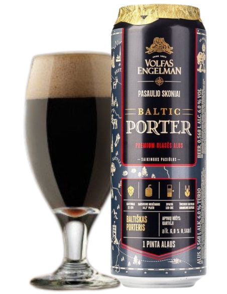 lata de 57cl de cerveja da marca VOLFAS ENGELMAN - BALTIC PORTER com copo, estilo Baltic Porter