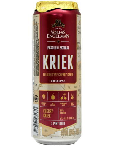 lata de 57cl de cerveja da marca VOLFAS ENGELMAN - KRIEK, estilo Belgian Cherry Kriek