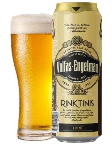lata de 57cl de cerveja da marca VOLFAS ENGELMAN - RINKTINIS com copo, estilo Pale Lager
