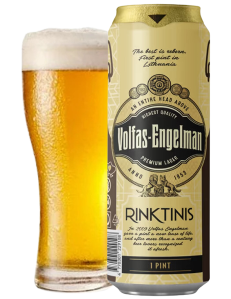lata de 57cl de cerveja da marca VOLFAS ENGELMAN - RINKTINIS com copo, estilo Pale Lager