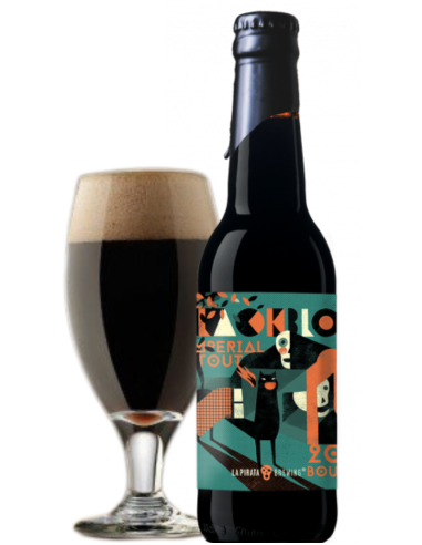 garrafa de 33cl de cerveja da marca LA PIRATA - BLACK BLOCK BOURBON (2023) com copo, estilo Imperial Stout