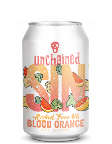 33cl can of beer brand LA PIRATA - UNCHAINED SIN (BLOOD ORANGE), style Alcohol Free IPA