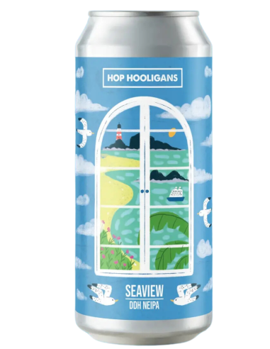 lata 50cl de cerveza de marca HOP HOOLIGANS - SEAVIEW, estilo New England IPA