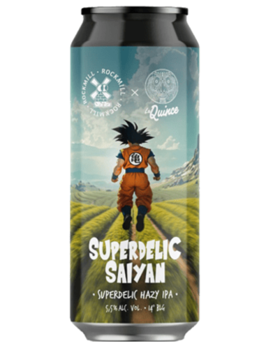 lata 44cl de cerveza de marca LA QUINCE & ROCKMILL - SUPERDELIC SAIYAN , estilo Hazy IPA