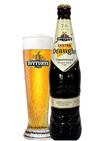 botella 50cl de cerveza de marca ŠVYTURYS - EKSTRA DRAUGHT EUROPEAN con vaso, estilo Export Lager