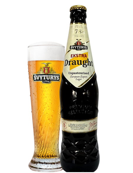 botella 50cl de cerveza de marca ŠVYTURYS - EKSTRA DRAUGHT EUROPEAN con vaso, estilo Export Lager