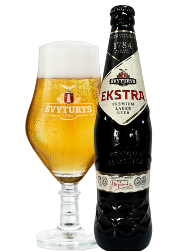 garrafa de 50cl de cerveja de marca ŠVYTURYS - EXTRA com copo, estilo European Export Lager