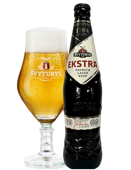 garrafa de 50cl de cerveja de marca ŠVYTURYS - EXTRA com copo, estilo European Export Lager