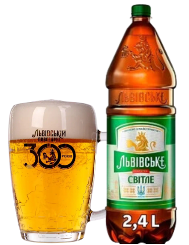 botella 2,4l de cerveza de marca LVIVSKE - SVITLE LIGHT con jarra, estilo European Pale Lager
