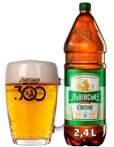botella 2,4l de cerveza de marca LVIVSKE - SVITLE LIGHT con jarra, estilo European Pale Lager